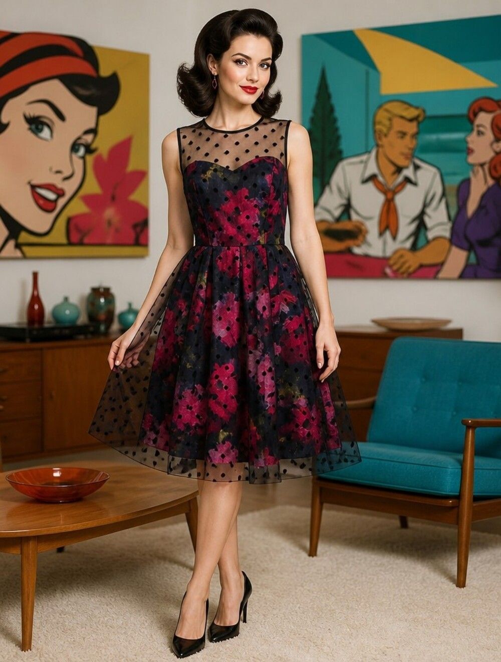 SD Collection Black Floral Polka-Dot Midi Dress